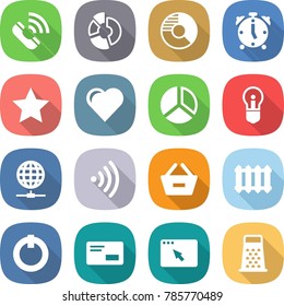 flat vector icon set - call vector, circle diagram, alarm clock, star, heart, bulb, globe connect, wireless, remove from basket, radiator, on off button, envelope, browser window, grater