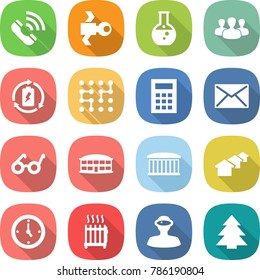 flat vector icon set - call vector, satellite, round flask, group, battery charge, chip, calculator, mail, pacemaker, airport building, houses, watch, radiator, vr helmet, spruce