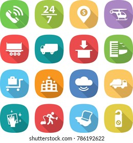 flat vector icon set - call vector, 24 7, dollar pin, ambulance helicopter, truck shipping, package, hotel, baggage trolley, cloud service, trash, wiping, vacuum cleaner, floor washing