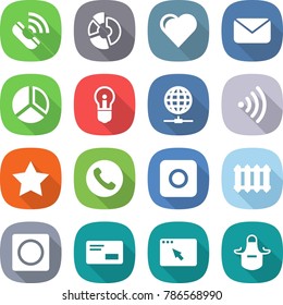 flat vector icon set - call vector, circle diagram, heart, mail, bulb, globe connect, wireless, star, phone, ring button, radiator, envelope, browser window, apron