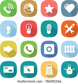 flat vector icon set - call vector, circle diagram, star, heart, bulb, pencil wrench, right arrow, phone, ring button, radiator, envelope, browser window, grater, apron