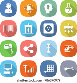 flat vector icon set - call center vector, chip, bulb head, round flask, bar code, detector, power socket, air conditioning, mixer, share, laser, helicopter, computer, antenna signal, solar panel