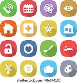 flat vector icon set - call vector, calendar, atom, eye, home, first aid, starfish, unlocked, on off button, ladle, scissors, windmill, flower, tomato, microb