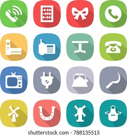flat vector icon set - call vector, abacus, bow, phone, church, table, tv, plug, kettle, sickle, windmill, horseshoe, apron