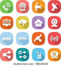 flat vector icon set - call vector, notebook globe, satellite, antenna, server, cloud service, wireless home, web cam, bridge, share, charge particle, mobile phone, camera