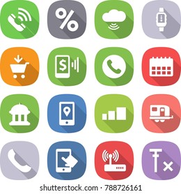 flat vector icon set - call vector, percent, cloud wireless, smart watch, add to cart, mobile pay, phone, calendar, goverment house, location, sorting, trailer, touchscreen, router, no signal