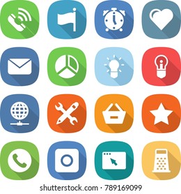 flat vector icon set - call vector, flag, alarm clock, heart, mail, diagram, bulb, globe connect, pencil wrench, remove from basket, star, phone, ring button, browser window, grater