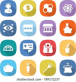 flat vector icon set - call center vector, money message, atom core, eye identity, market, hospital recieption, greenhouse, location details, life vest, seedling, tomato, carrot, rake, hanger