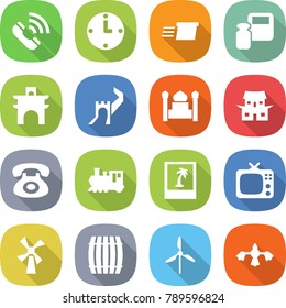 flat vector icon set - call vector, clock, delivery, scales weight, arch, greate wall, minaret, japanese house, phone, train, photo, tv, windmill, barrel, hard reach place cleaning