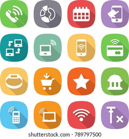 flat vector icon set - call vector, circle diagram, calendar, touch, notebook connect, wireless, phone, tap to pay, smart bracelet, add cart, star, goverment house, mobile, laptop wifi, no signal