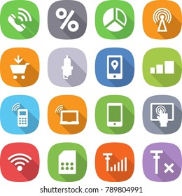 flat vector icon set - call vector, percent, diagram, antenna, add to cart, spark plug, mobile location, sorting, phone, laptop wifi, touchscreen, wireless, sim card, signal, no