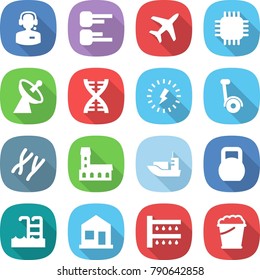 flat vector icon set - call center vector, diagram, plane, chip, satellite antenna, dna, lightning, gyroscooter, chromosomes, mansion, sea shipping, heavy, pool, home, watering, foam bucket