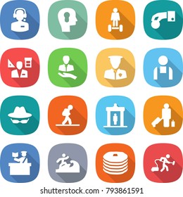 flat vector icon set - call center vector, bulb head, hoverboard, hand coin, architector, client, security man, workman, confidential, tourist, detector, passenger, inspector, surfer, pancakes