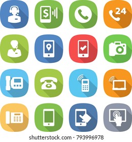 flat vector icon set - call center vector, mobile pay, phone, 24, support manager, location, checking, camera, intercome, laptop wifi, office, touchscreen
