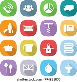flat vector icon set - call vector, group, diagram, shipping, passenger, crib, corkscrew, office phone, pan, measuring cup, apron, towel, trees, farm fence, drop, water tap sink