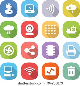 flat vector icon set - call center vector, notebook, wireless, cloud service, web cam, chip, baggage checking, cooler fan, share, printer, computer, analytics, trash bin
