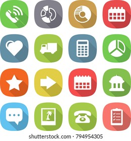 flat vector icon set - call vector, circle diagram, calendar, heart, truck, calculator, star, right arrow, goverment house, sms, photo, phone, clipboard list