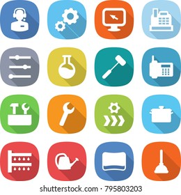 flat vector icon set - call center vector, gear, monitor arrow, cashbox, equalizer, flask, doctors hammer, phone, repair tools, wrench, conveyor, pan, watering, can, sponge, plunger
