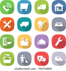flat vector icon set - call vector, delivery, truck, warehouse, pencil wrench, shipping, trolley, taxi, hotel, reception, meal cap, washing powder, brooming, home cleaning, iron