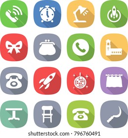 flat vector icon set - call vector, alarm clock, table lamp, rocket, bow, purse, phone, church, disco ball, curtain, chair, sickle