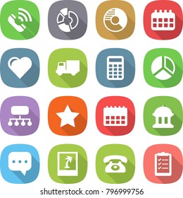 flat vector icon set - call vector, circle diagram, calendar, heart, truck, calculator, structure, star, goverment house, sms, photo, phone, clipboard list
