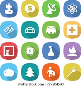 flat vector icon set - call center vector, money message, satellite antenna, atom, crutch, greenhouse, stadium, first aid, flower in window, solar power, pear, sprouting, tomato, spruce, trash, rake