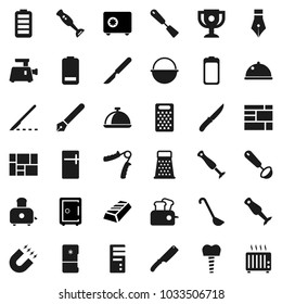 Flat vector icon set - camping cauldron vector, spatula, ladle, knife, grater, toaster, blender, dish, pen, award cup, magnet, gold ingot, safe, hand trainer, consolidated cargo, battery, scalpel