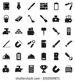 Flat vector icon set - camping cauldron vector, spatula, ladle, grater, toaster, blender, dish, pen, award cup, magnet, gold ingot, safe, hand trainer, consolidated cargo, battery, scalpel, fridge
