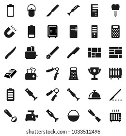 Flat vector icon set - camping cauldron vector, spatula, ladle, knife, grater, toaster, blender, dish, pen, award cup, magnet, gold ingot, safe, hand trainer, consolidated cargo, battery, scalpel