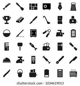 Flat vector icon set - camping cauldron vector, spatula, ladle, knife, grater, toaster, blender, dish, pen, award cup, gold ingot, safe, hand trainer, consolidated cargo, battery, scalpel, fridge