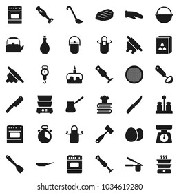 Flat vector icon set - camping cauldron vector, pan, kettle, oil, scales, apron, cook glove, timer, press, spatula, ladle, knife, rolling pin, meat hammer, turk coffee, oven, double boiler, cookbook