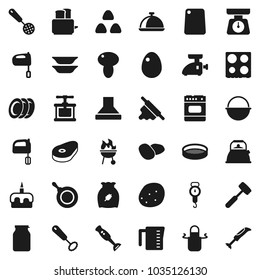 Flat vector icon set - camping cauldron vector, pan, kettle, measuring cup, scales, apron, cook press, whisk, skimmer, rolling pin, meat hammer, cutting board, mixer, toaster, oven, blender, bbq