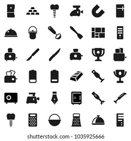 Flat vector icon set - camping cauldron vector, spatula, ladle, knife, grater, toaster, blender, dish, pen, award cup, magnet, gold ingot, safe, consolidated cargo, battery, scalpel, tooth implant