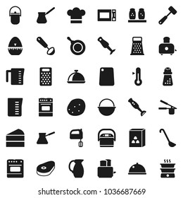 Flat vector icon set - camping cauldron vector, pan, measuring cup, cook hat, timer, press, ladle, meat hammer, cutting board, hand mill, grater, turk coffee, mixer, toaster, microwave oven, spices