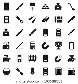 Flat vector icon set - camping cauldron vector, spatula, ladle, knife, grater, toaster, pen, award cup, magnet, gold ingot, safe, hand trainer, consolidated cargo, battery, scalpel, tooth implant