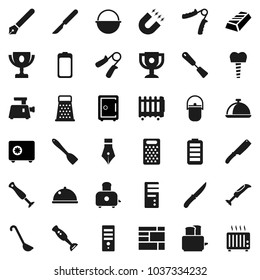 Flat vector icon set - camping cauldron vector, spatula, ladle, knife, grater, toaster, blender, dish, pen, award cup, magnet, gold ingot, safe, hand trainer, consolidated cargo, battery, scalpel
