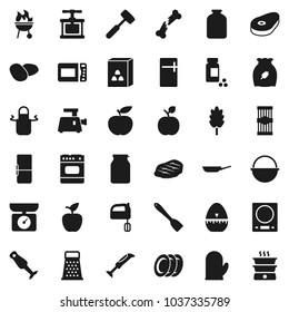 Flat vector icon set - camping cauldron vector, pan, apron, cook glove, timer, press, spatula, meat hammer, grater, mixer, blender, bbq, plates, jar, cereal, pasta, potato, steak, apple fruit, diet