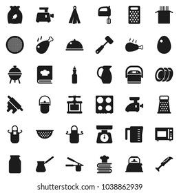 Flat vector icon set - camping cauldron vector, kettle, colander, measuring cup, scales, apron, towel, cook press, rolling pin, meat hammer, grater, turk coffee, mixer, microwave oven, cookbook, bbq