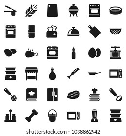 Flat vector icon set - camping cauldron vector, pan, oil, colander, cook press, skimmer, ladle, cutting board, microwave oven, double boiler, cookbook, spices, bbq, sieve, dish, egg, potato, steak