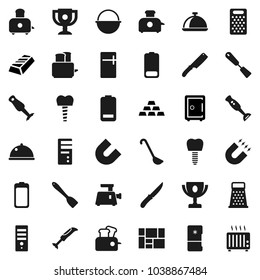 Flat vector icon set - camping cauldron vector, spatula, ladle, knife, grater, toaster, blender, dish, award cup, magnet, gold ingot, safe, consolidated cargo, battery, tooth implant, fridge, heater