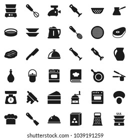 Flat vector icon set - camping cauldron vector, pan, kettle, oil, colander, scales, cook hat, press, whisk, skimmer, spatula, knife, rolling pin, hand mill, grater, turk coffee, double boiler, jug