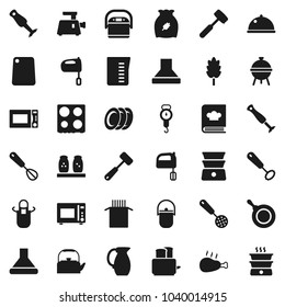 Flat vector icon set - camping cauldron vector, pan, kettle, measuring cup, scales, apron, whisk, skimmer, meat hammer, cutting board, mixer, toaster, microwave oven, double boiler, cookbook, spices