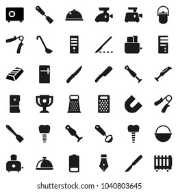 Flat vector icon set - camping cauldron vector, spatula, ladle, knife, grater, toaster, blender, dish, pen, award cup, magnet, gold ingot, safe, hand trainer, battery, scalpel, tooth implant, fridge