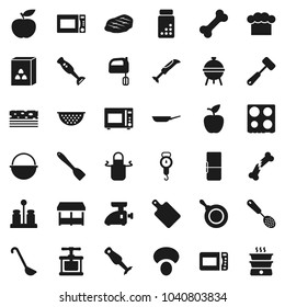 Flat vector icon set - camping cauldron vector, pan, colander, scales, cook hat, apron, press, skimmer, spatula, ladle, meat hammer, cutting board, mixer, microwave oven, spices, blender, bbq, steak