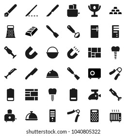 Flat vector icon set - camping cauldron vector, spatula, ladle, knife, grater, toaster, blender, dish, pen, award cup, magnet, gold ingot, safe, hand trainer, consolidated cargo, battery, scalpel