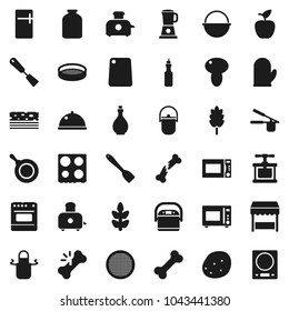 Flat vector icon set - camping cauldron vector, pan, oil, apron, cook glove, press, spatula, cutting board, toaster, microwave oven, sieve, dish, jar, cereal, mushroom, potato, apple fruit, cereals