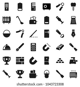 Flat vector icon set - camping cauldron vector, spatula, ladle, grater, toaster, blender, dish, pen, award cup, magnet, gold ingot, safe, hand trainer, consolidated cargo, battery, scalpel, fridge