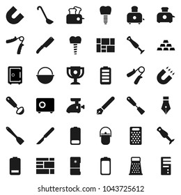 Flat vector icon set - camping cauldron vector, spatula, ladle, knife, grater, toaster, blender, pen, award cup, magnet, safe, gold ingot, hand trainer, consolidated cargo, battery, scalpel, fridge