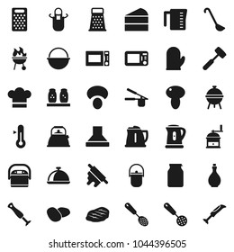 Flat vector icon set - camping cauldron vector, kettle, oil, measuring cup, cook hat, apron, glove, press, skimmer, ladle, rolling pin, meat hammer, hand mill, grater, microwave oven, spices, bbq