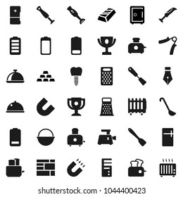 Flat vector icon set - camping cauldron vector, spatula, ladle, grater, toaster, blender, dish, pen, award cup, magnet, gold ingot, safe, hand trainer, consolidated cargo, battery, tooth implant